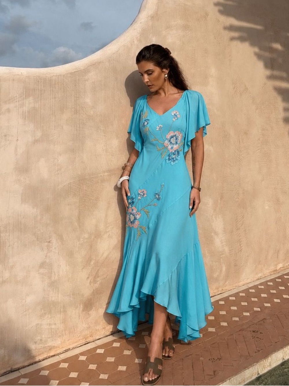 Sue Wong Silk Turquoise Y2K Ruched Floral Embroidered Asymmetrical Dress- Size 8 - Picture 2 of 14